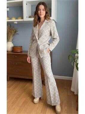 Vtg 70’s Koret of California Plaid Blazer Jacket & Flared Pants Suit Retro Disco